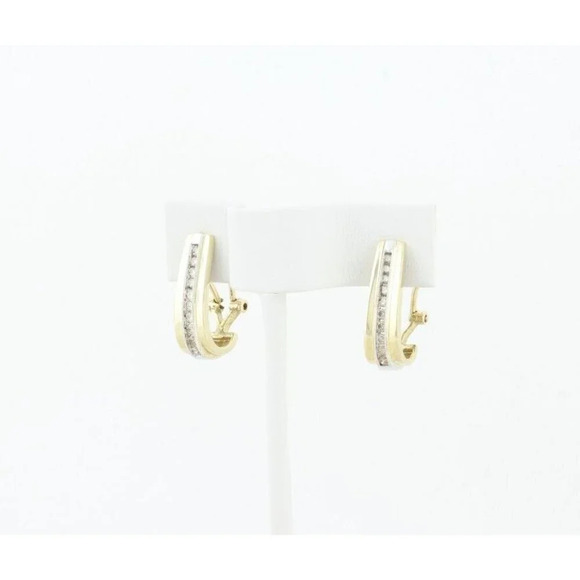 10k Yellow Gold & White Gold Diamond Hoop Earrings Omega Back - Picture 3 of 8